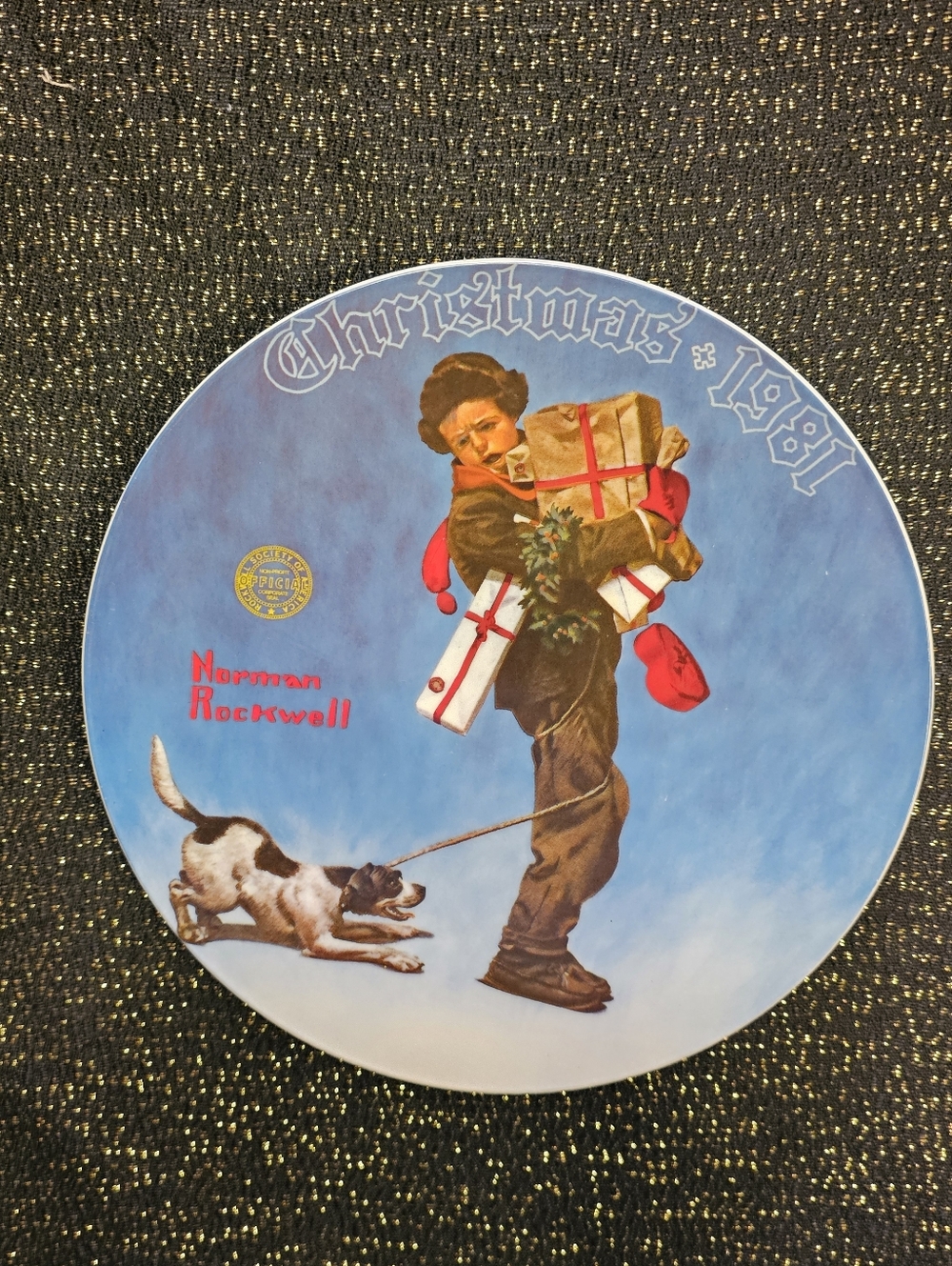 Norman Rockwell Christmas Plate with Blue and Red Accents